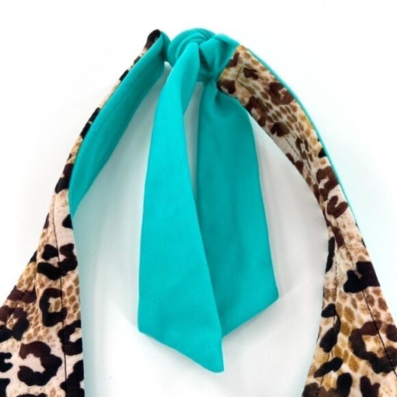 Reversible Halter Tie Bikini Top Junior Sz S Tan Black Animal Print Teal FLAW - Picture 7 of 15